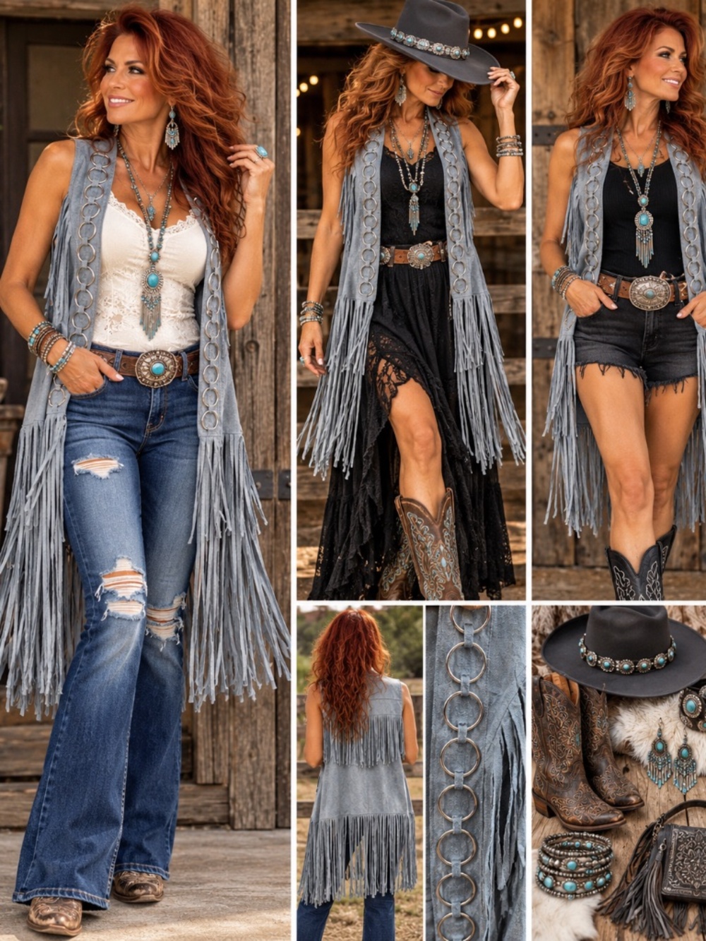 Vocal Gray Faux Suede Fringe Vest Western Boho Silver Ring Detail